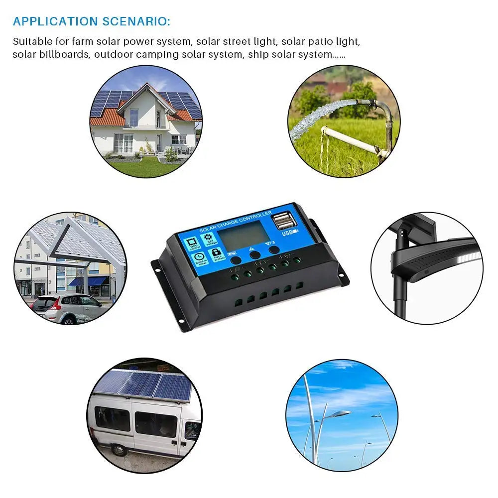 Solar Panel Charge Controller PWM 12V/24V – 10A, 20A & 30A with USB Output
