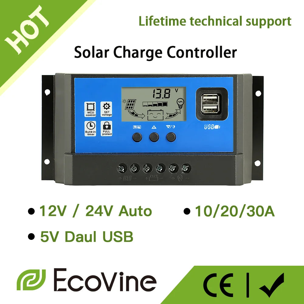 Solar Panel Charge Controller PWM 12V/24V – 10A, 20A & 30A with USB Output