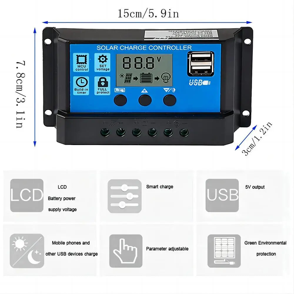Solar Panel Charge Controller PWM 12V/24V – 10A, 20A & 30A with USB Output