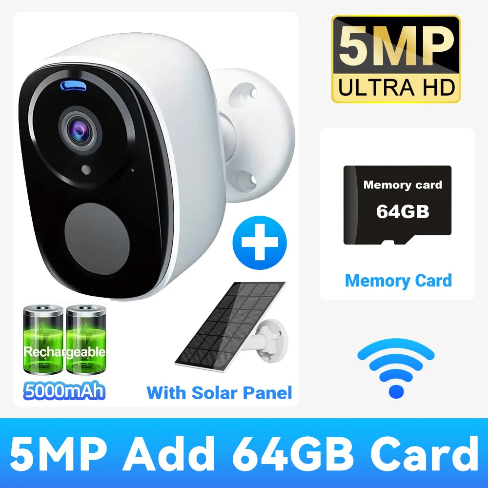2K 5MP Solar Security Camera – Wireless Outdoor, Night Vision, WiFi & Alexa